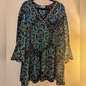 Bohemian Blues and green Tunic Top with bell sleeves 3x plus